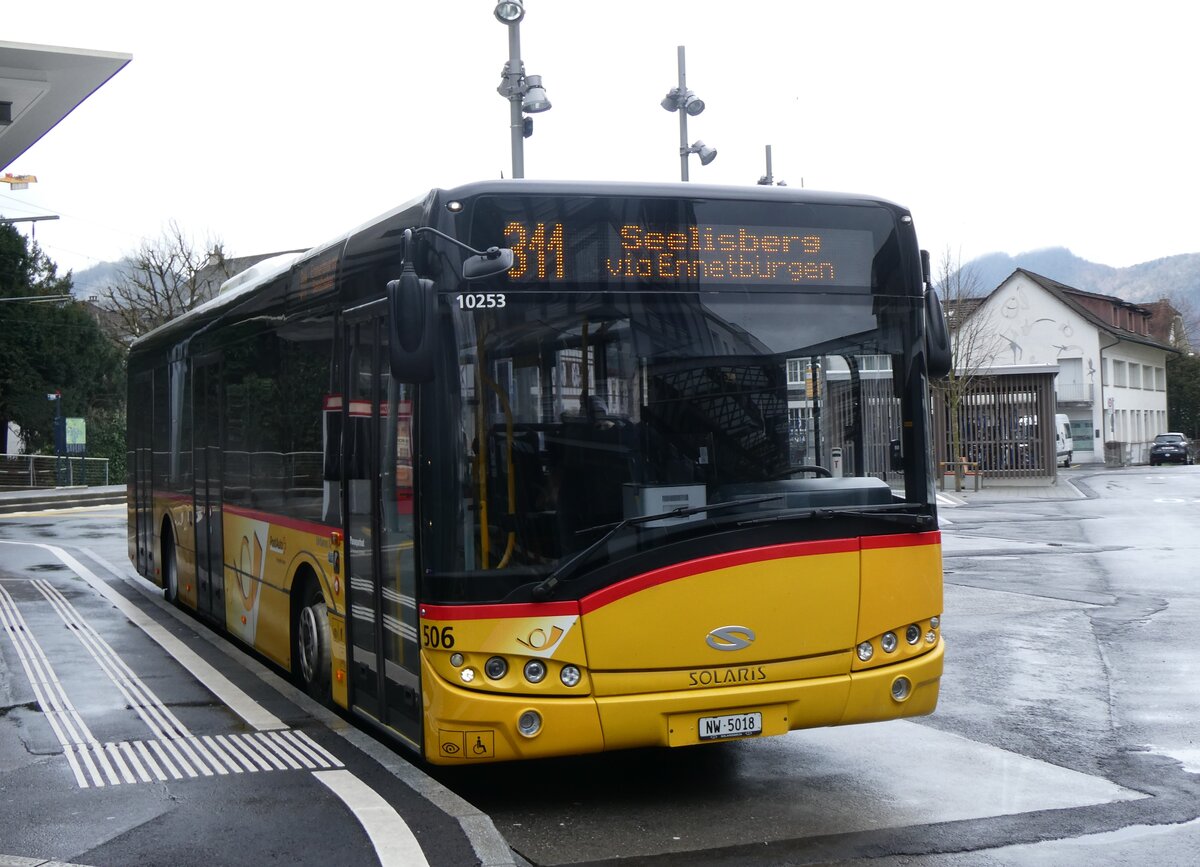 (260'298) - PostAuto Zentralschweiz - Nr. 506/NW 5018/PID 10'253 - Solaris (ex Nr. 56; ex Nr. 26; ex Thepra, Stans Nr. 26) am 12. Mrz 2024 beim Bahnhof Stans