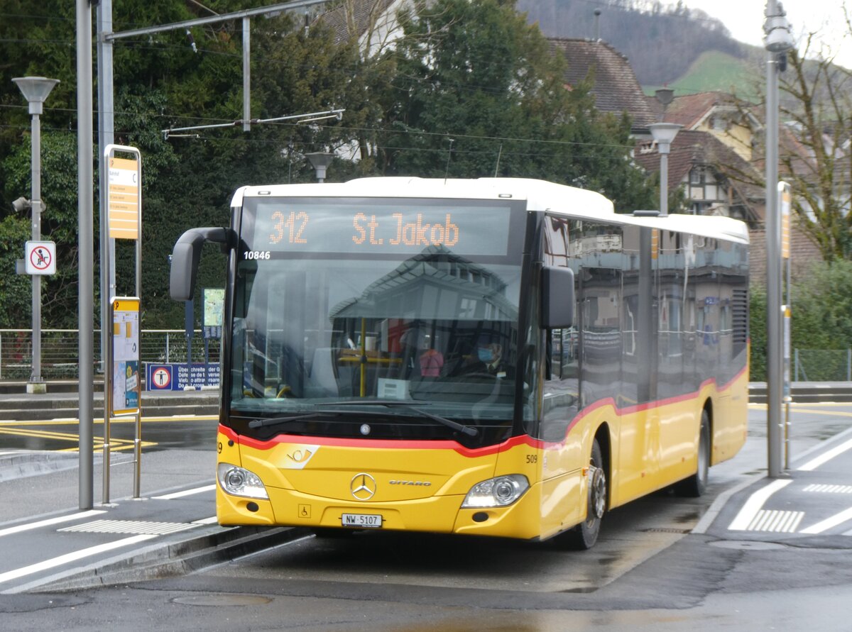 (260'307) - PostAuto Zentralschweiz - Nr. 509/NW 5107/PID 10'846 - Mercedes (ex Nr. 59; ex Nr. 12; ex Thepra, Stans Nr. 12) am 12. Mrz 2024 beim Bahnhof Stans