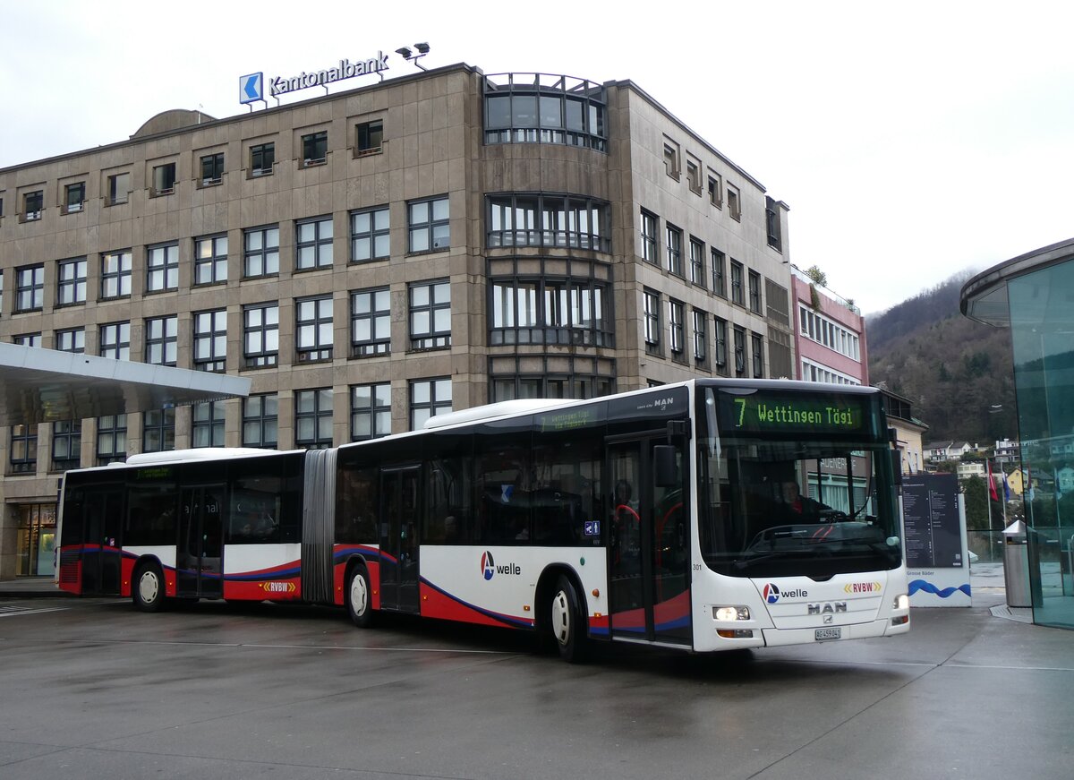 (260'716) - Twerenbold, Baden - Nr. 301/AG 459'041 - MAN am 28. Mrz 2024 beim Bahnhof Baden