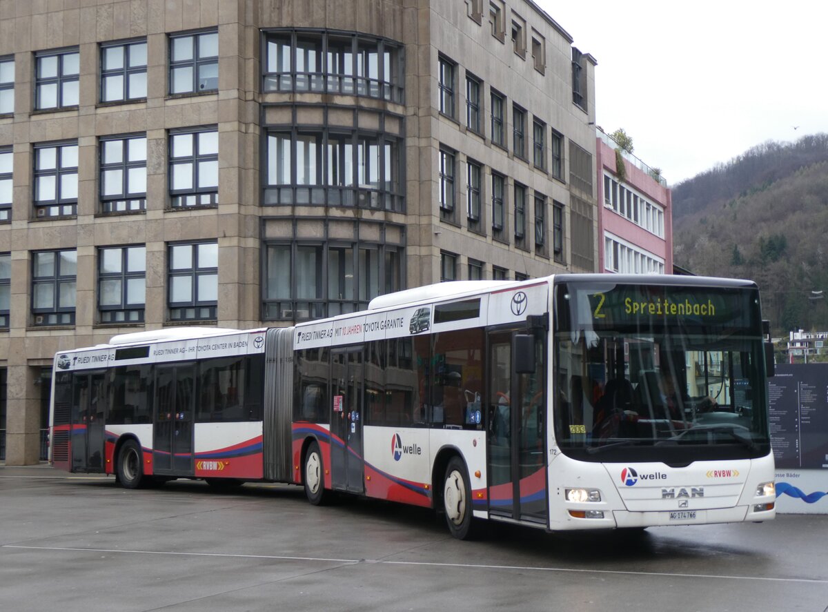 (260'717) - RVBW Wettingen - Nr. 172/AG 174'766 - MAN (ex SBC Chur Nr. 98) am 28. Mrz 2024 beim Bahnhof Baden