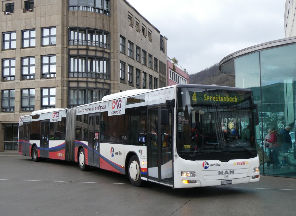 (260'745) - RVBW Wettingen - Nr. 166/AG 60'318 - MAN am 28. Mrz 2024 beim Bahnhof Baden