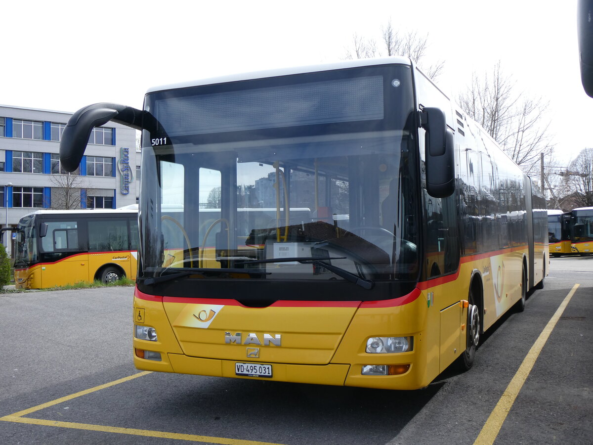 (260'831) - CarPostal Ouest - VD 495'031/PID 5011 - MAN am 29. Mrz 2024 in Yverdon, Garage