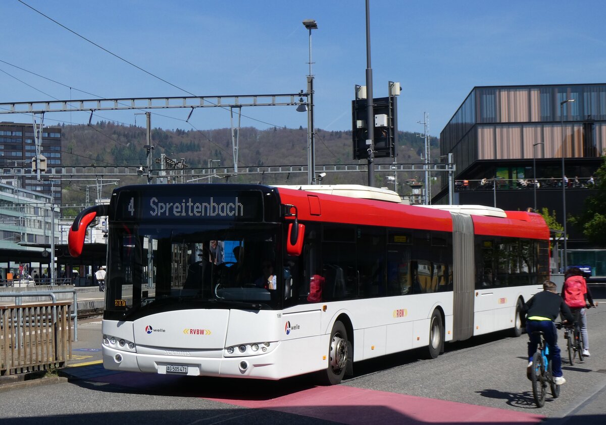 (261'147) - RVBW Wettingen - Nr. 186/AG 505'471 - Solaris (ex AAGR Rothenburg Nr. 5) am 12. April 2024 beim Bahnhof Baden