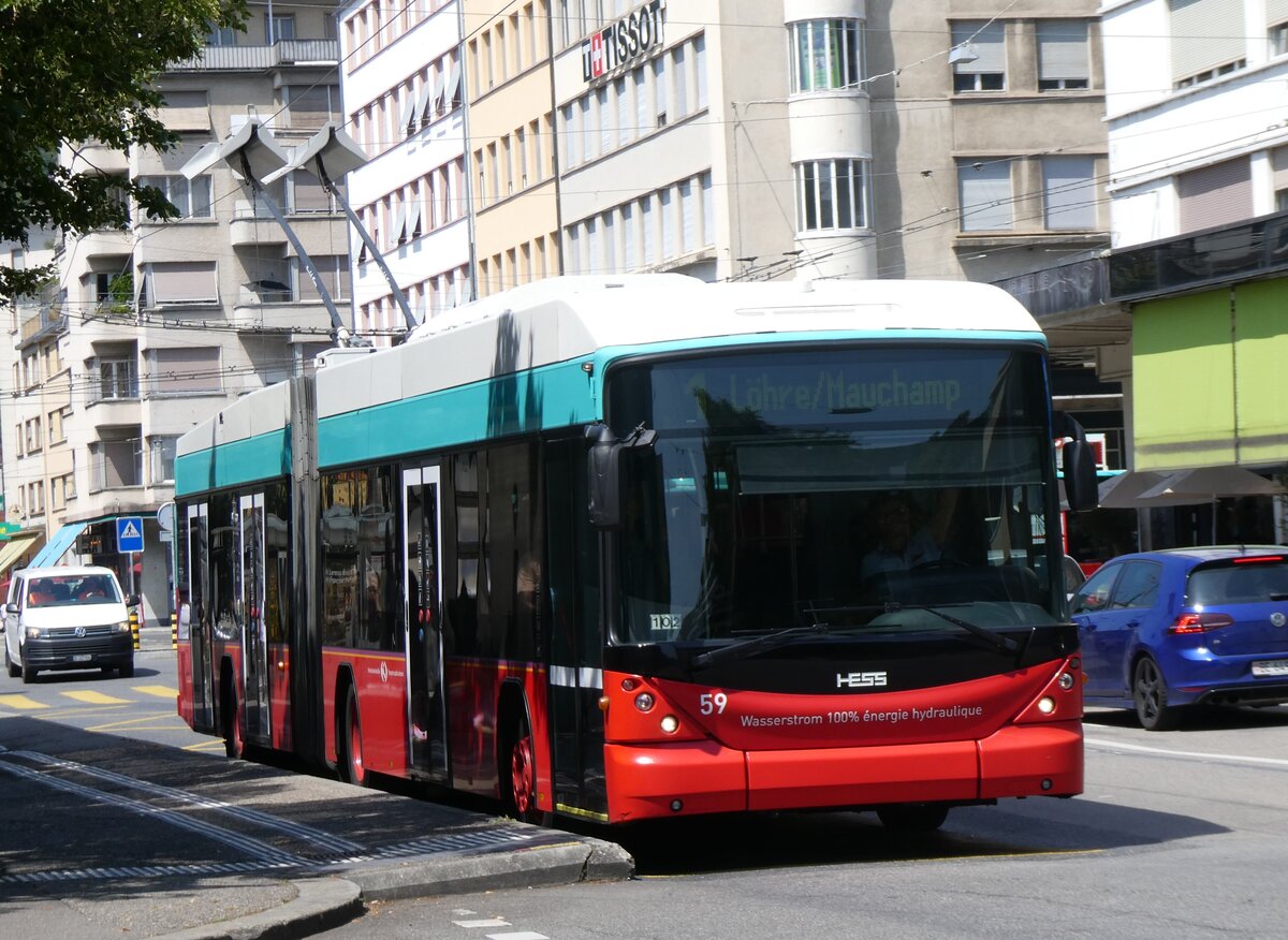 (265'289) - VB Biel - Nr. 59 - Hess/Hess Gelenktrolleybus am 30. Juli 2024 beim Bahnhof Biel