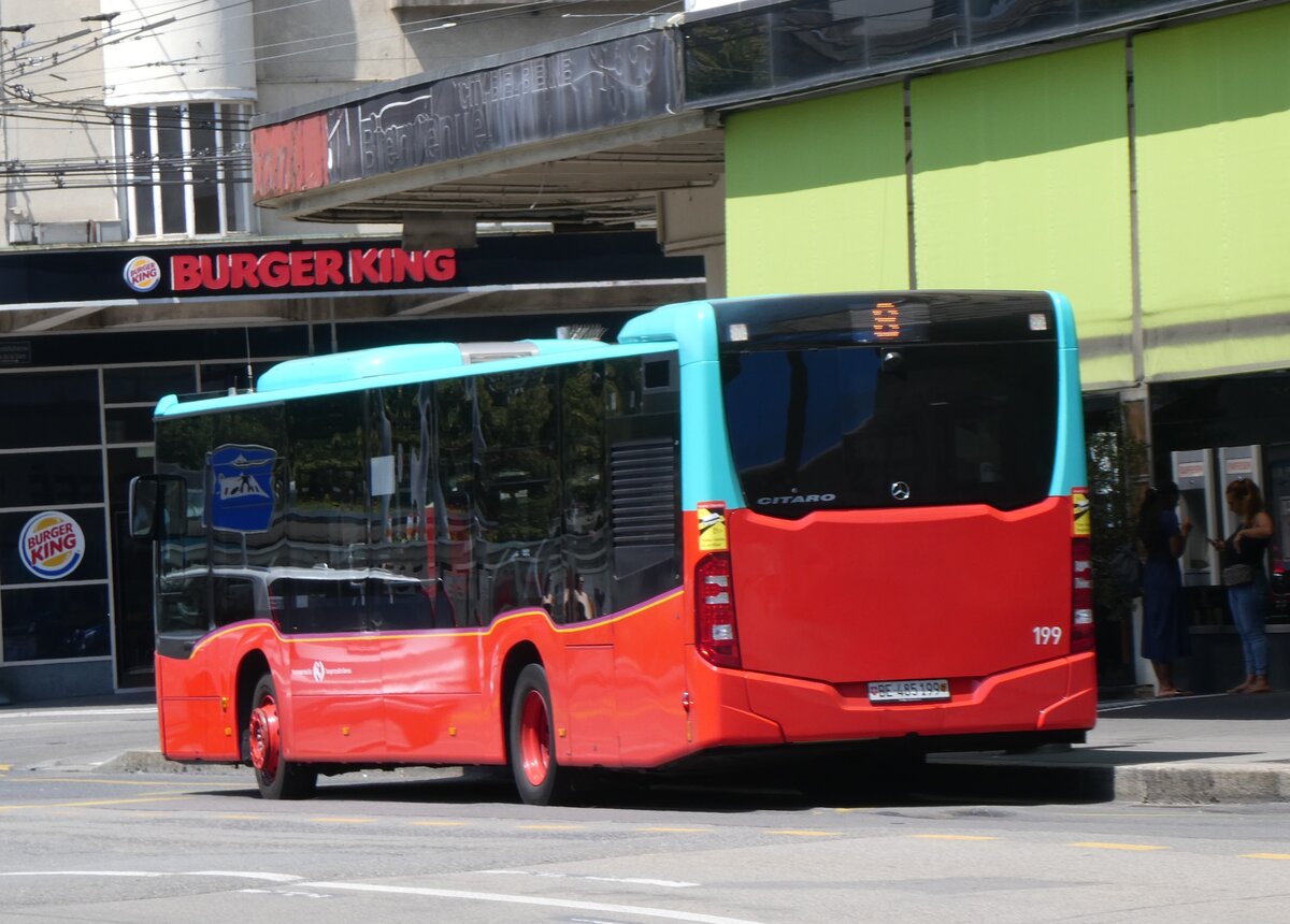 (265'300) - VB Biel - Nr. 199/BE 485'199 - Mercedes (ex Binggeli, Studen) am 30. Juli 2024 beim Bahnhof Biel