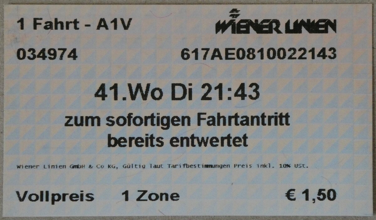 (265'550) - Aus Oesterreich: Wiener Linien-Einzelbillet am 11. August 2024 in Thun