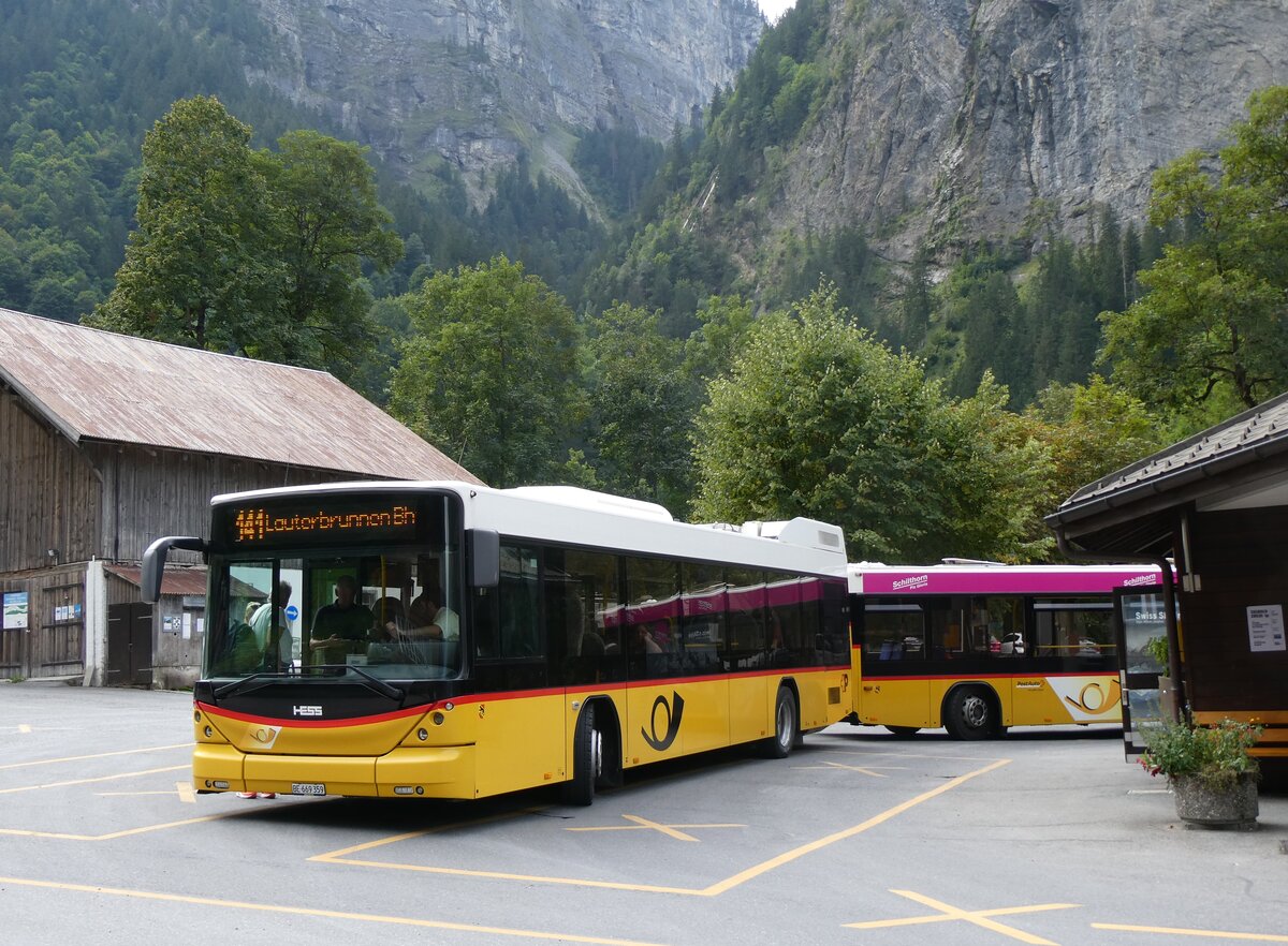 (266'606) - PostAuto Bern - BE 669'359/PID 10'147 - Hess (ex Nr. 6; ex Klopfstein, Laupen Nr. 6) am 3. September 2024 in Stechelberg, Hotel 