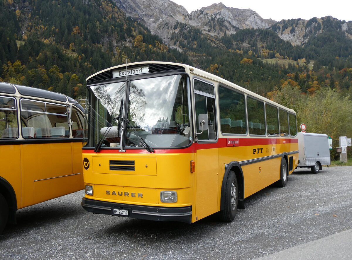 (268'058) - Schmid, Thrishaus - BE 26'206 - Saurer/Tscher (ex P 24'244) am 12. Oktober 2024 in Kiental, Tschingelsee