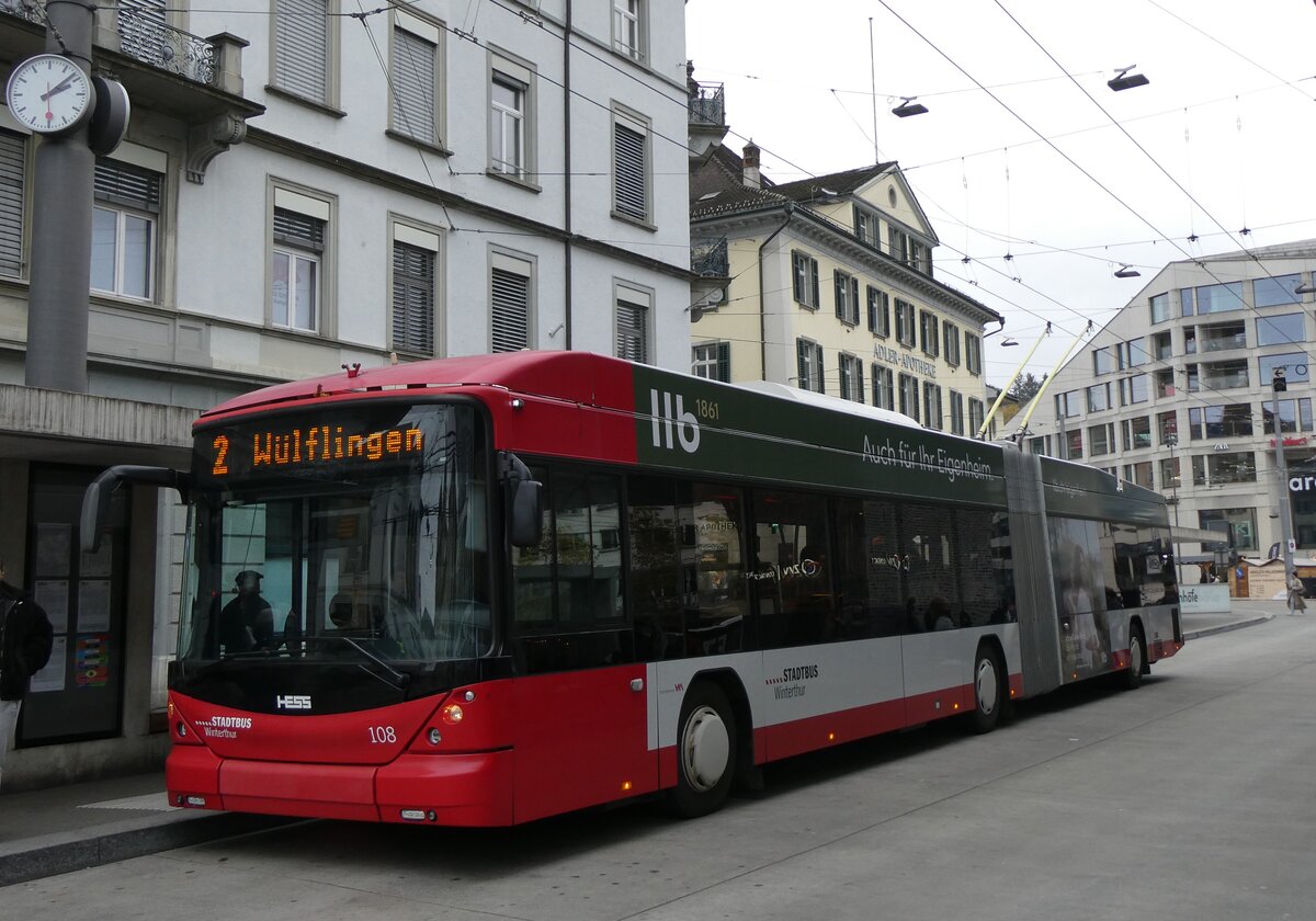 (268'927) - SW Winterthur - Nr. 108 - Hess/Hess Gelenktrolleybus am 2. November 2024 beim Hauptbahnhof Winterthur