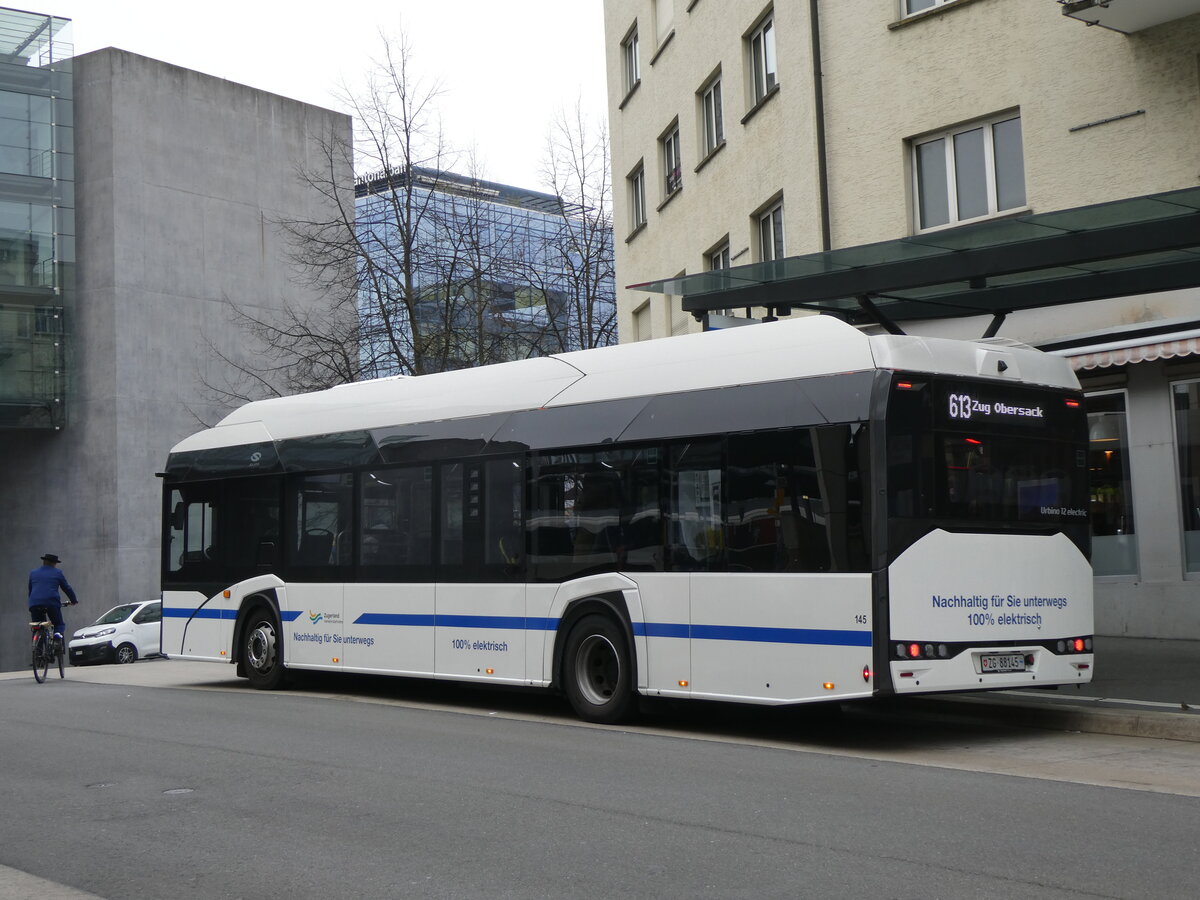 (269'067) - ZVB Zug - Nr. 145/ZG 88'145 - eSolaris am 9. November 2024 beim Bahnhof Zug