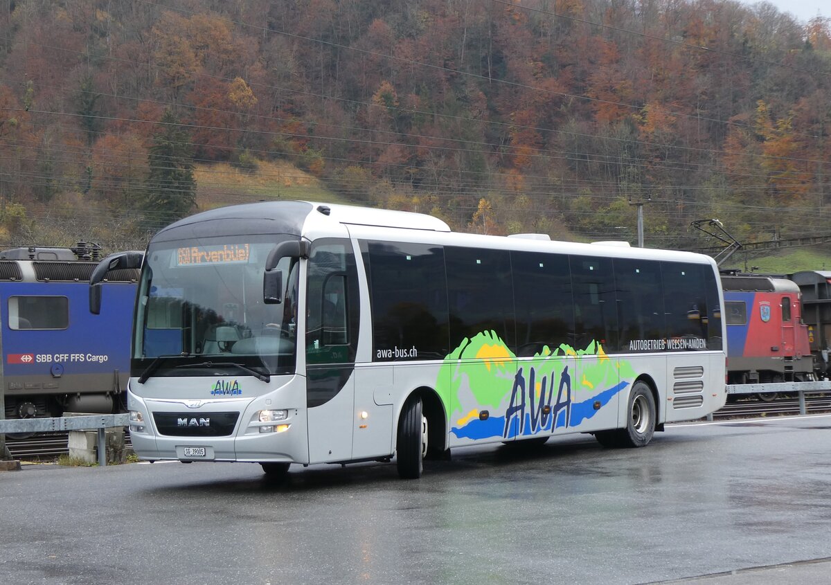 (269'260) - AWA Amden - Nr. 5/SG 39'005 - MAN (ex ATT Cadenazzo; ex St. Gallerbus, St. Gallen; ex Vorfhrfahrzeug) am 19. November 2024 beim Bahnhof Ziegelbrcke