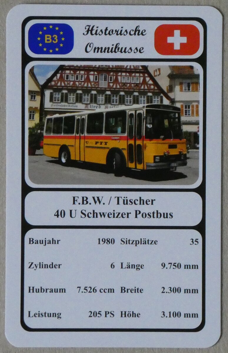 (269'381) - Quartett-Spielkarte mit F.B.W. / Tscher 40 U Schweizer Postbus von 1980 am 24. November 2024 in Thun