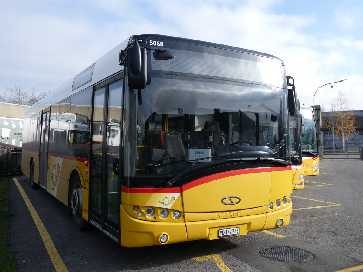 (269'517) - CarPostal Ouest - VD 172'736/PID 5068 - Solaris (ex PostAuto Bern) am 30. November 2024 in Yverdon, Garage