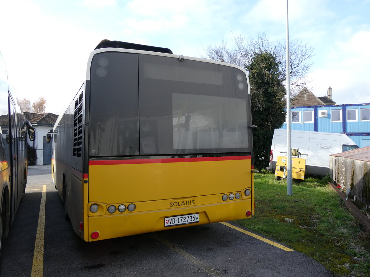 (269'518) - CarPostal Ouest - VD 172'736/PID 5068 - Solaris (ex PostAuto Bern) am 30. November 2024 in Yverdon, Garage