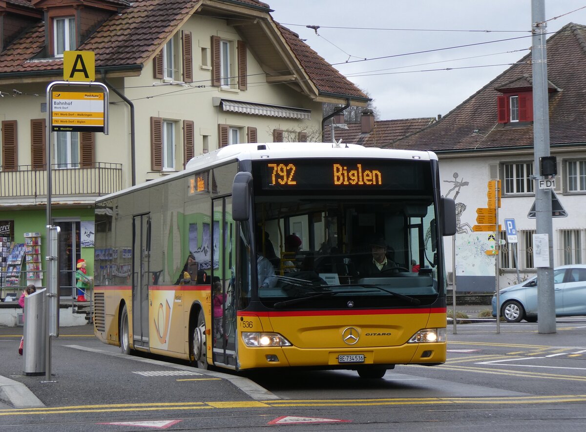 (269'607) - PostAuto Bern - Nr. 536/BE 734'536/PID 5419 - Mercedes am 3. Dezember 2024 beim Bahnhof Worb Dorf