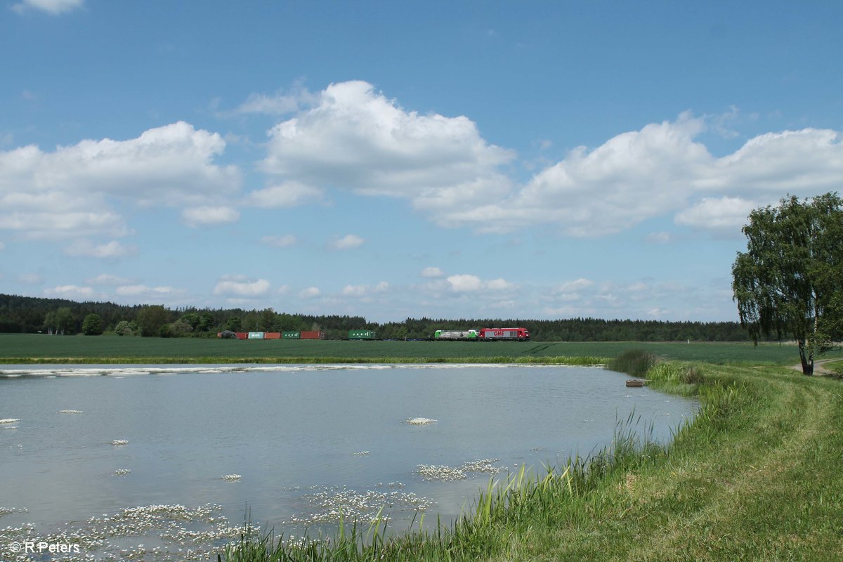 270082 überführt von Hof nach Regensburg den SETG Vectron 193 831  Christian Doppler  bei Oberteich und bringt dabei den Containerzug Hamburg - Wiesau mit. 26.05.16