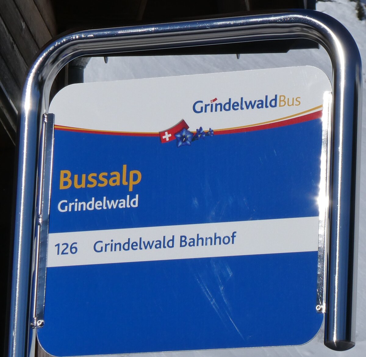 (270'352) - GrindelwaldBus-Haltestellenschild - Grindelwald, Bussalp - am 29. Dezember 2024 auf der Bussalp