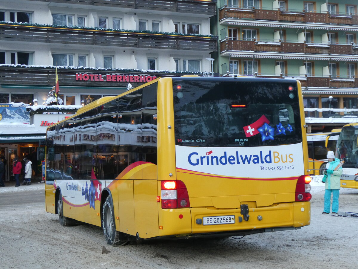 (270'406) - GrindelwaldBus, Grindelwald - Nr. 14/BE 202'568 - MAN/Gppel am 29. Dezember 2024 beim Bahnhof Grindelwald