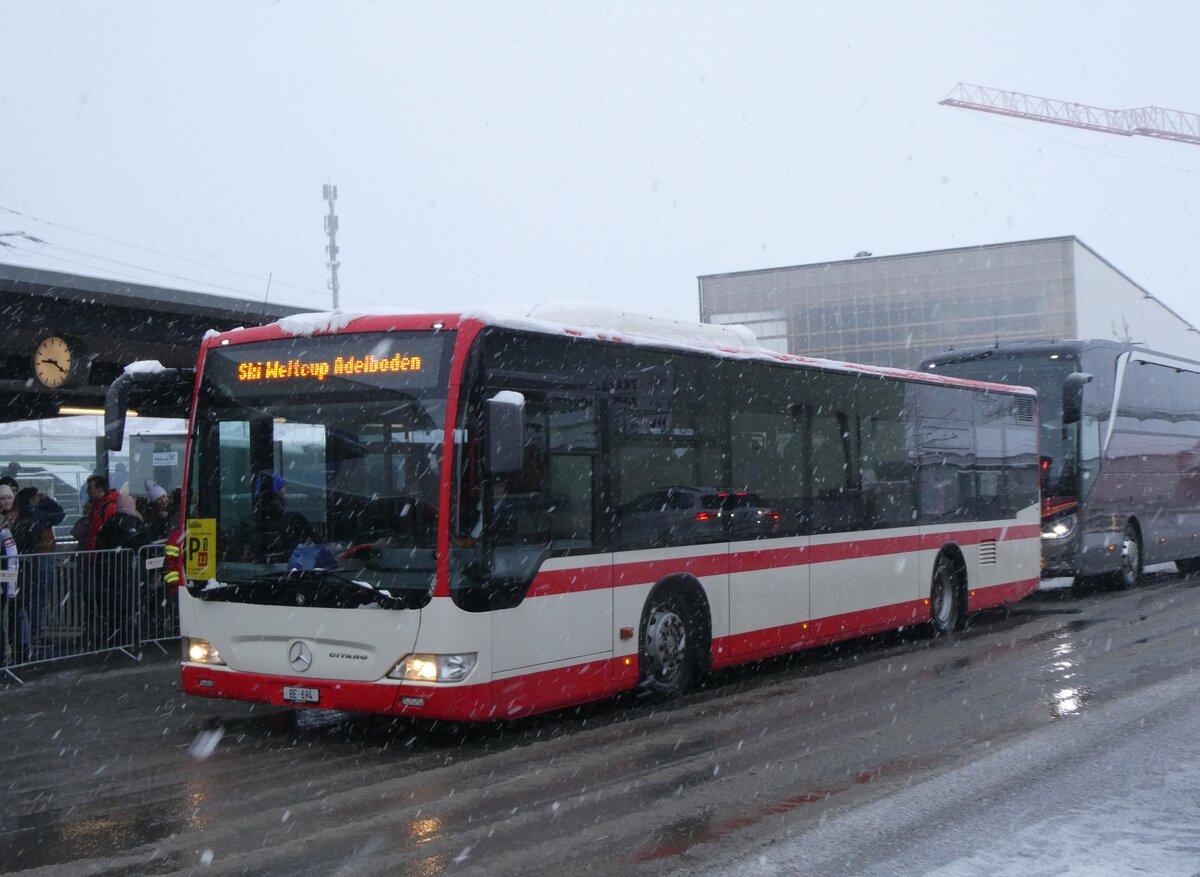 (270'903) - Tritten, Zweisimmen - BE 694 - Mercedes (ex AAGS Schwyz Nr. 24) am 11. Januar 2025 beim Bahnhof Frutigen