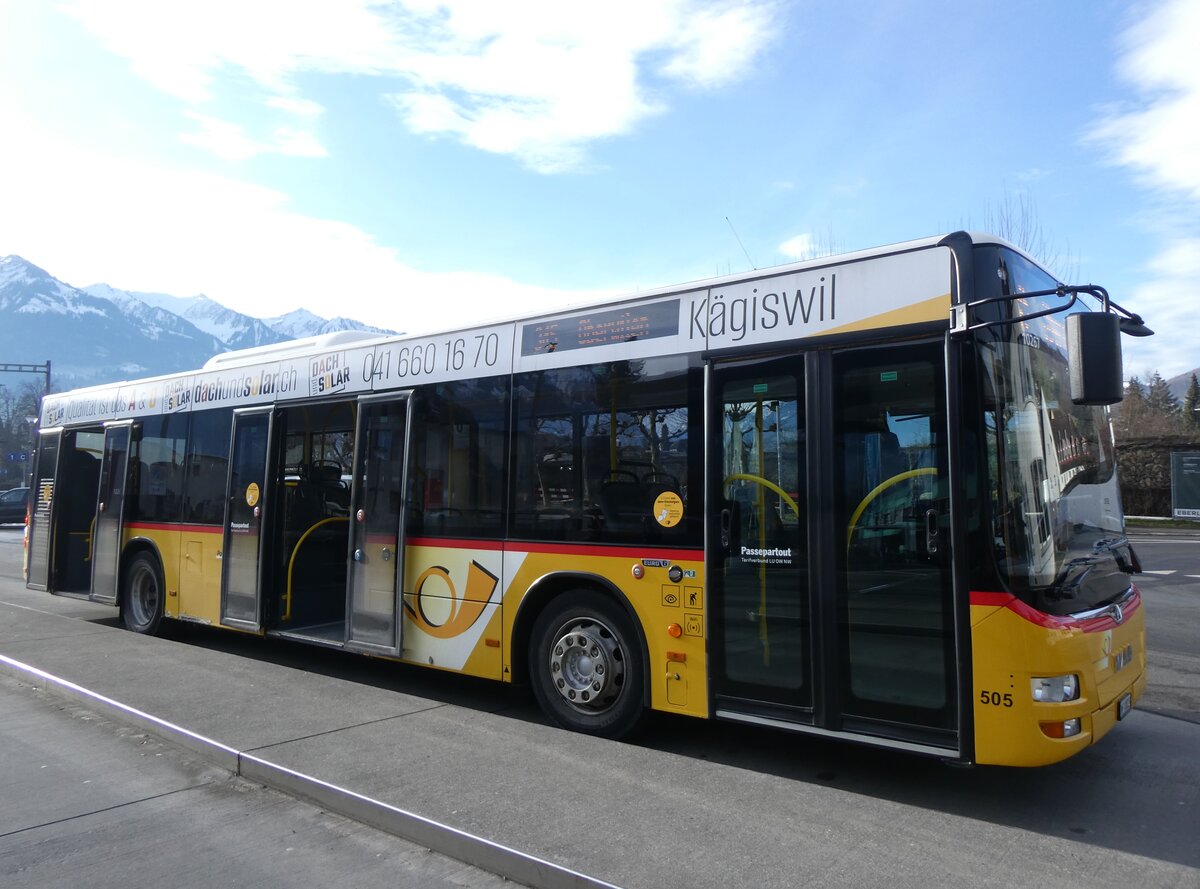 (271'407) - PostAuto Zentralschweiz - Nr. 505/OW 10'023/PID 10'267 - MAN (ex Nr. 4; ex Dillier, Sarnen Nr. 4) am 24. Januar 2025 beim Bahnhof Sarnen