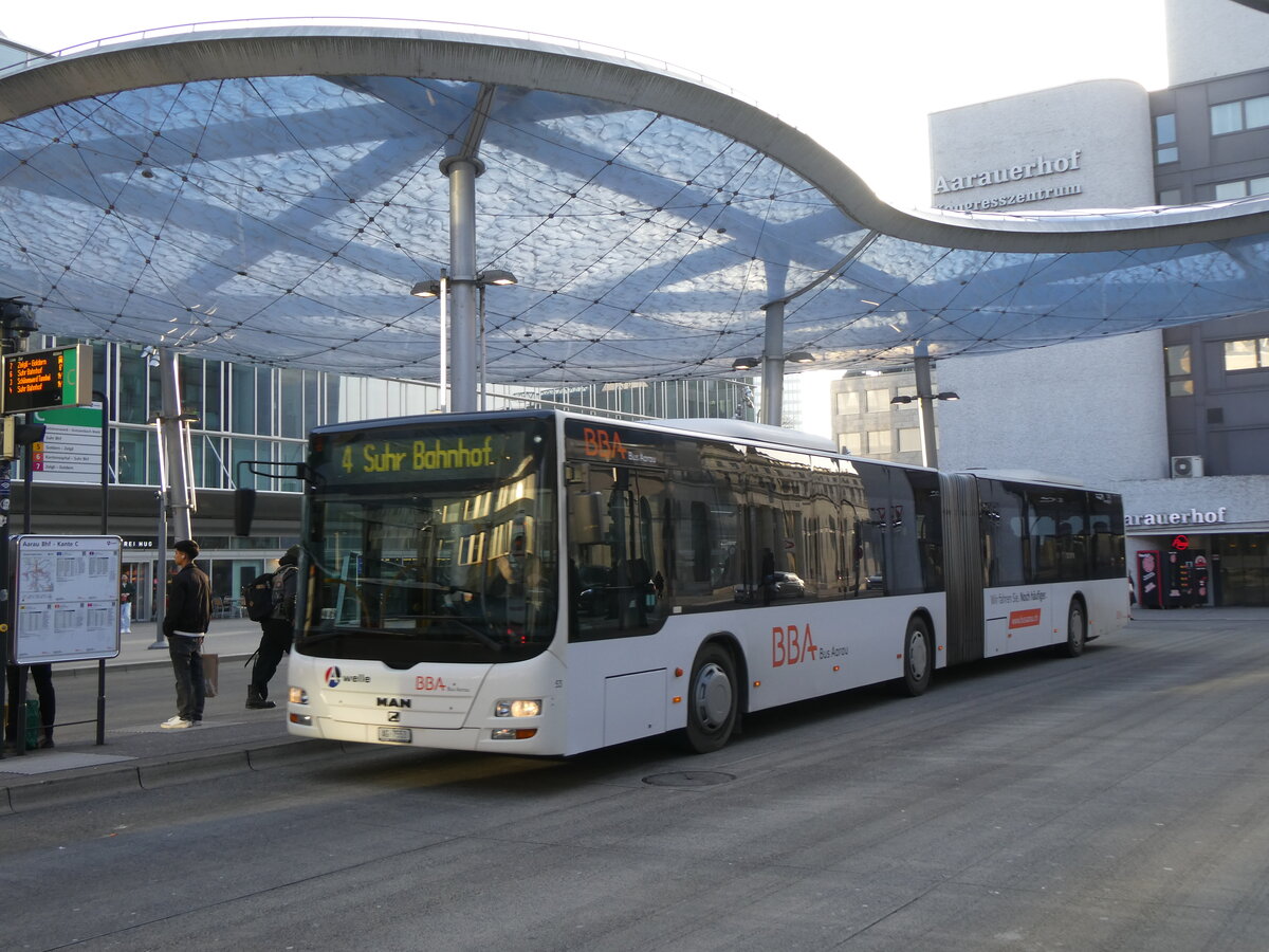 (272'136) - BBA Aarau - Nr. 53/AG 7553 - MAN (ex Indermhle, Rekingen) am 15. Februar 2025 beim Bahnhof Aarau