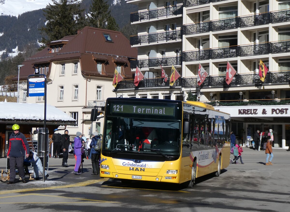 (272'173) - GRindelwaldBus, Grindelwald - Nr. 12/BE 356'085 - MAN am 17. Februar 2025 beim Bahnhof Grindelwald