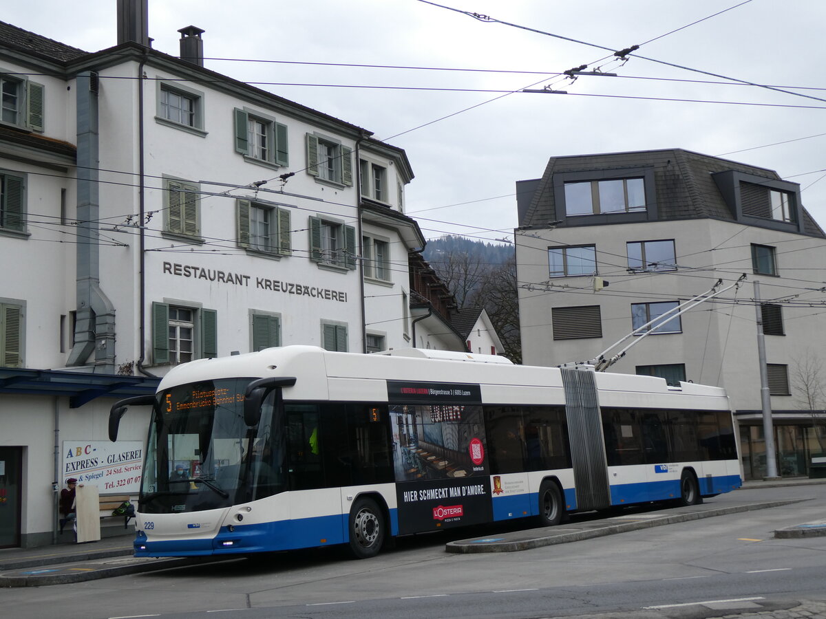 (272'265) - VBL Luzern - Nr. 229 - Hess/Hess Gelenktrolleybus am 20. Februar 2025 in Kriens, Busschleife