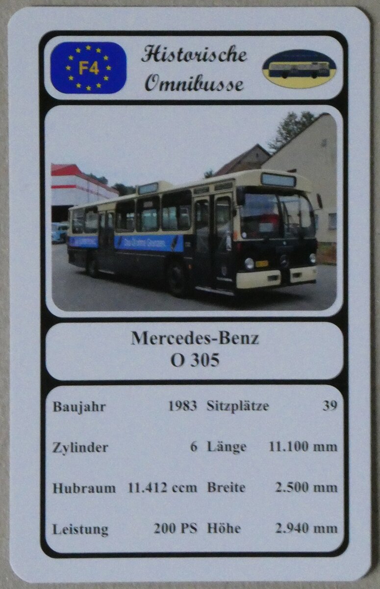 (272'452) - Quartett-Spielkarte mit Mercedes-Benz O 305 von 1983 am 23. Februar 2025 in Thun