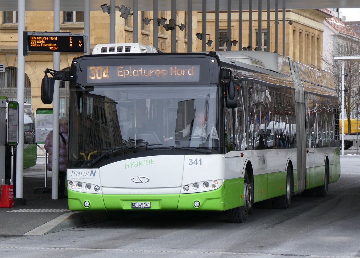 (272'478) - transN, La Chaux-de-Fonds - Nr. 341/NE 145'341 - Solaris am 28. Februar 2025 beim Bahnhof La Chaux-de-Fonds