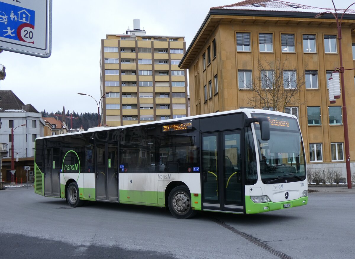 (272'479) - transN, La Chaux-de-Fonds - Nr. 314/NE 48'214 - Mercedes (ex TRN La Chaux-de-Fonds Nr. 314) am 28. Februar 2025 beim Bahnhof La Chaux-de-Fonds