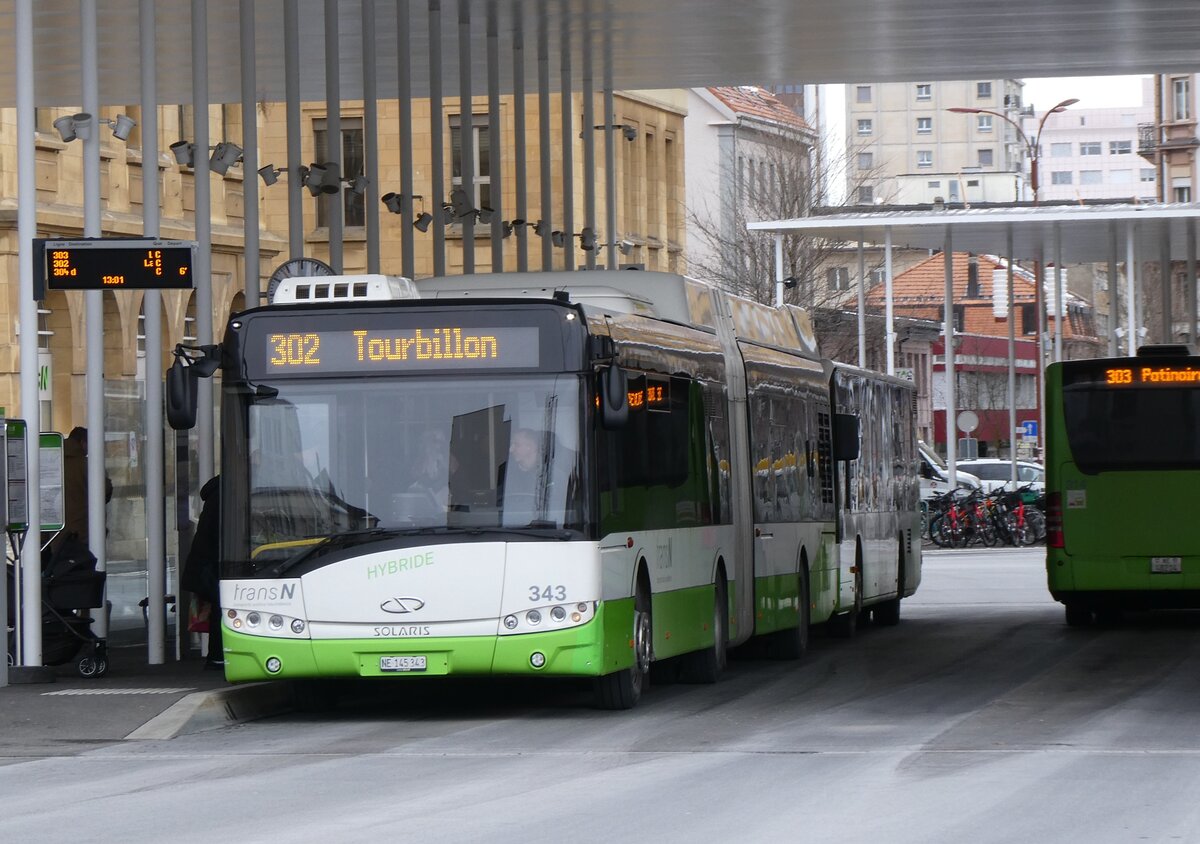 (272'480) - transN, La Chaux-de-Fonds - Nr. 343/NE 145'343 - Solaris am 28. Februar 2025 beim Bahnhof La Chaux-de-Fonds