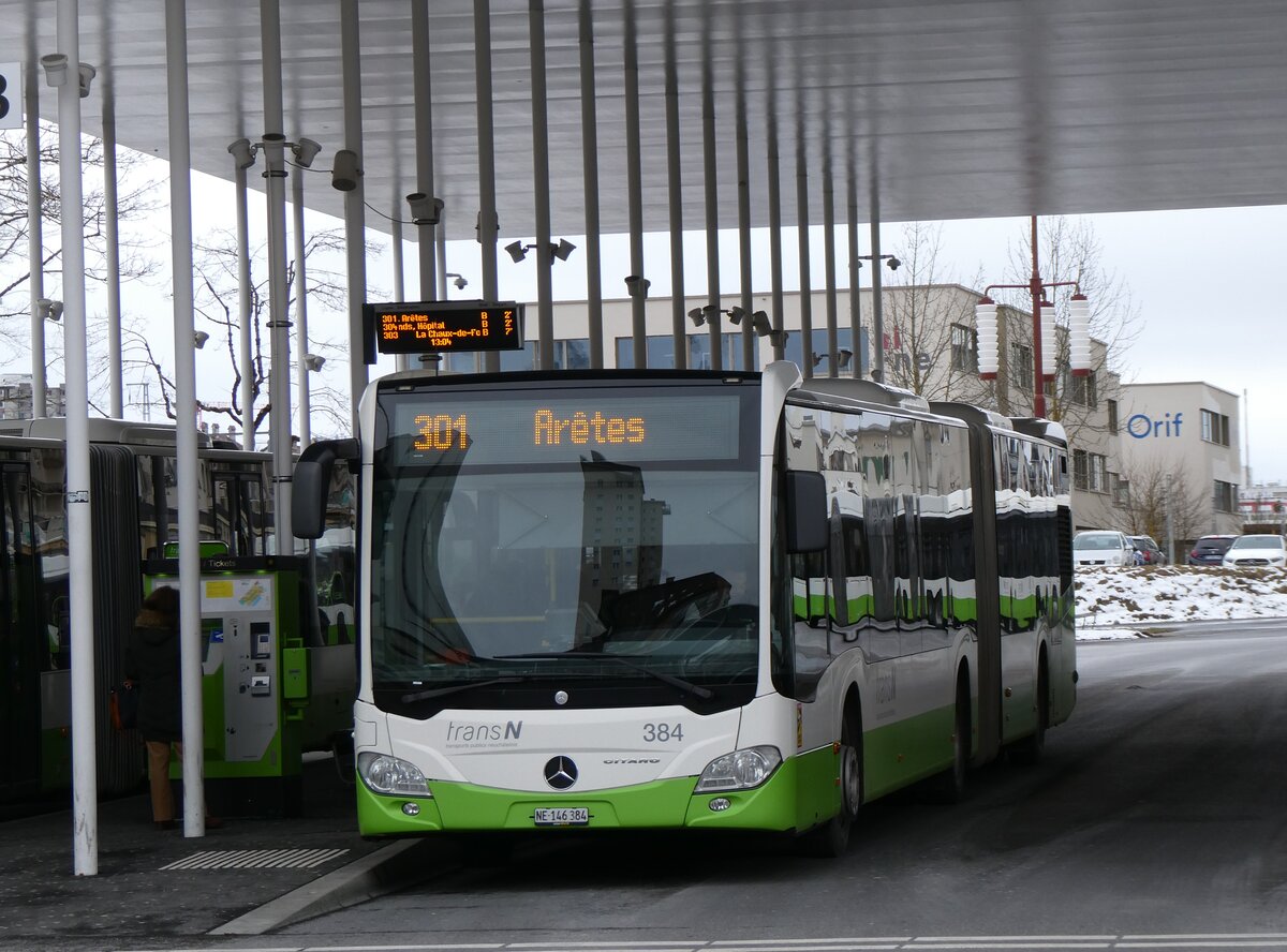 (272'484) - transN, La Chaux-de-Fonds - Nr. 384/NE 146'384 - Mercedes am 28. Februar 2025 beim Bahnhof La Chaux-de-Fonds