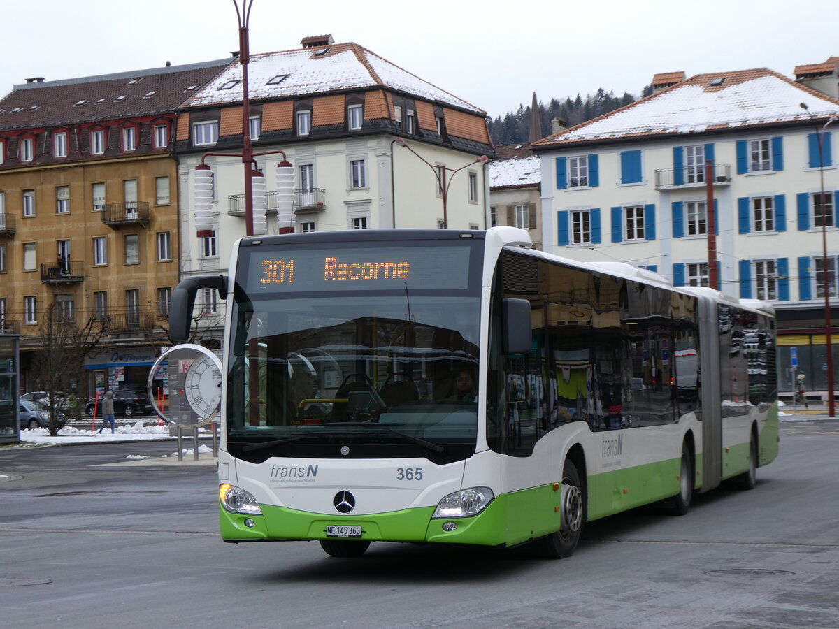 (272'485) - transN, La Chaux-de-Fonds - Nr. 365/NE 145'365 - Mercedes am 28. Februar 2025 beim Bahnhof La Chaux-de-Fonds