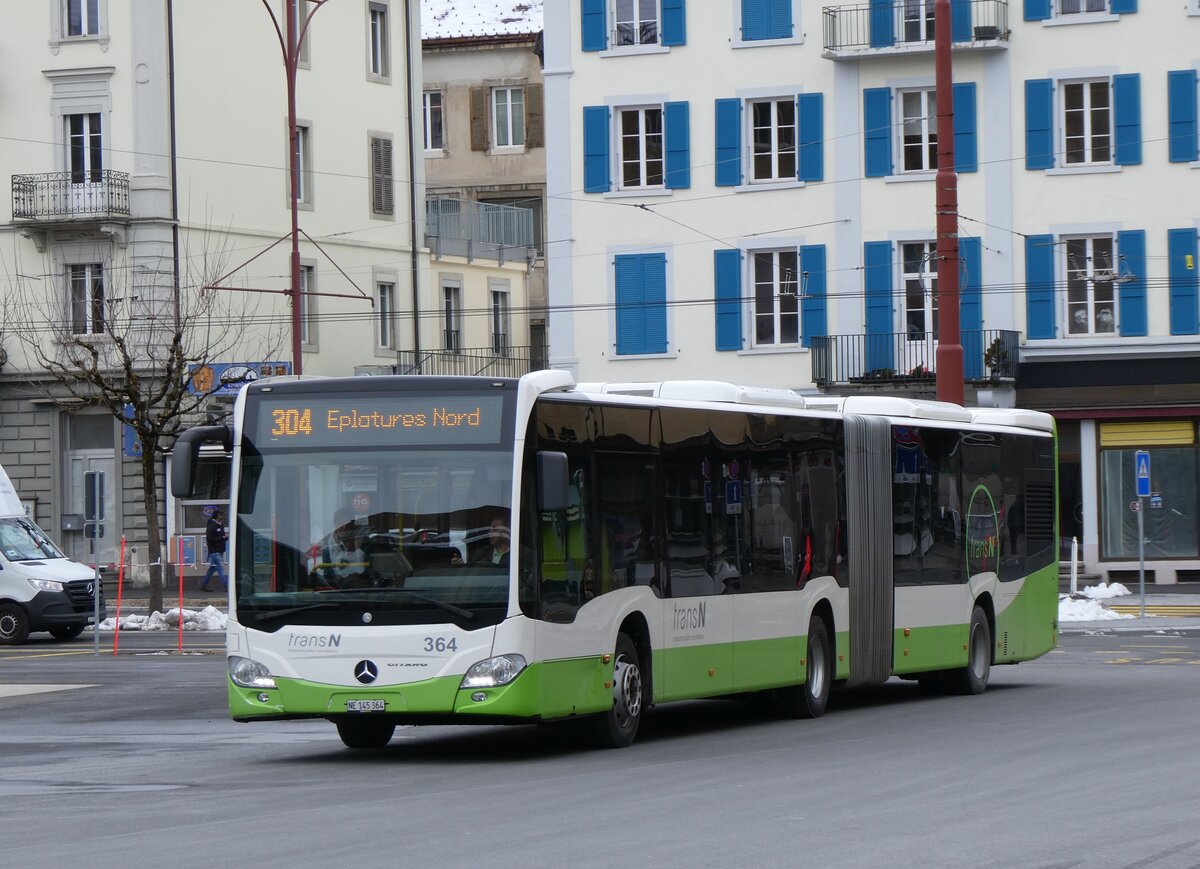 (272'486) - transN, La Chaux-de-Fonds - Nr. 364/NE 145'364 - Mercedes am 28. Februar 2025 beim Bahnhof La Chaux-de-Fonds