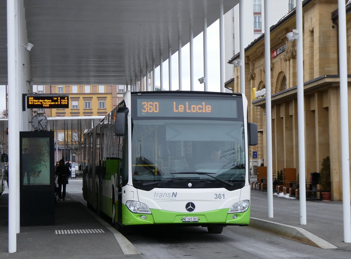 (272'488) - transN, La Chaux-de-Fonds - Nr. 361/NE 145'361 - Mercedes am 28. Februar 2025 beim Bahnhof La Chaux-de-Fonds 