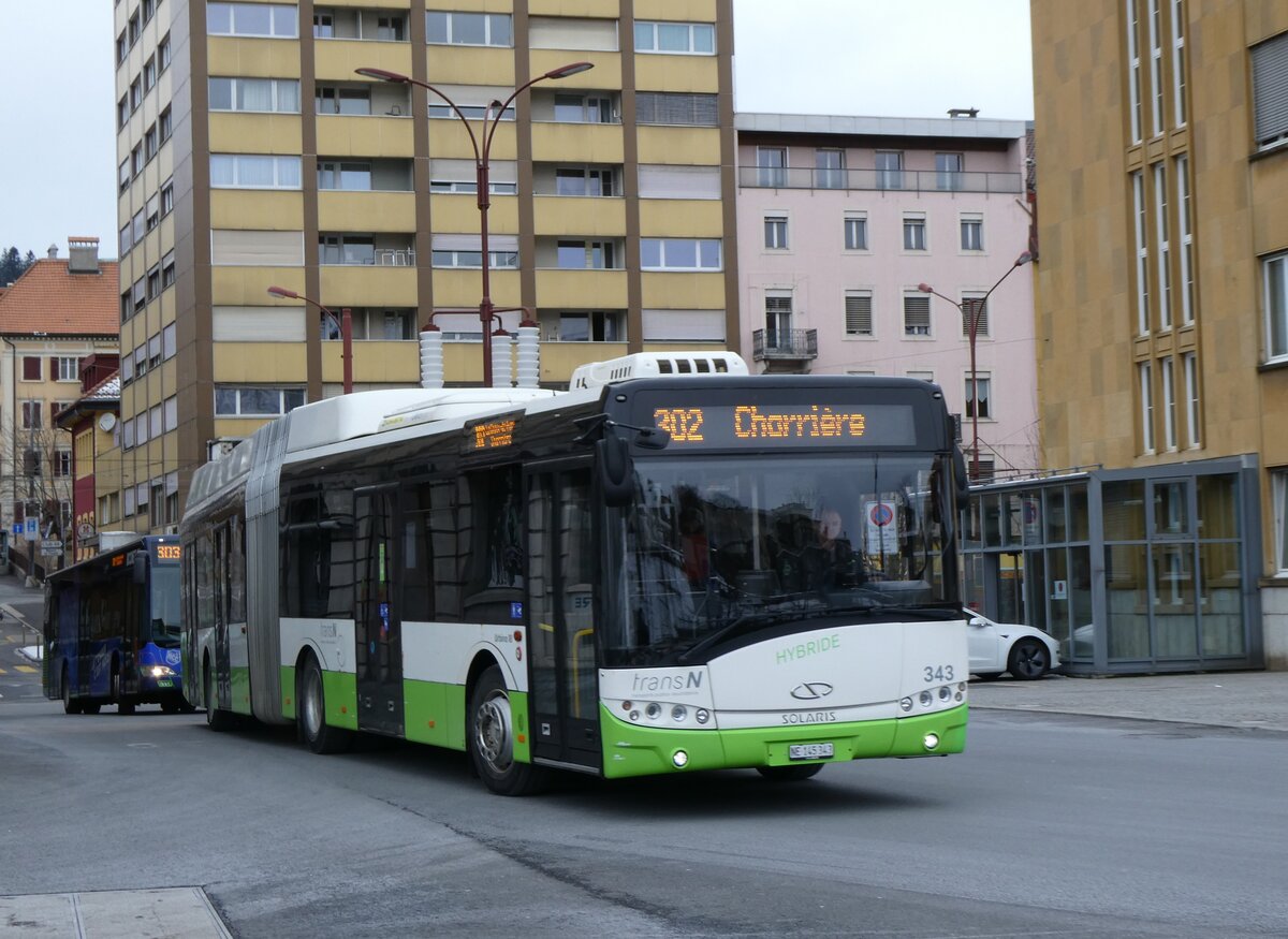 (272'491) - transN, La Chaux-de-Fonds - Nr. 343/NE 145'343 - Solaris am 28. Februar 2025 beim Bahnhof La Chaux-de-Fonds