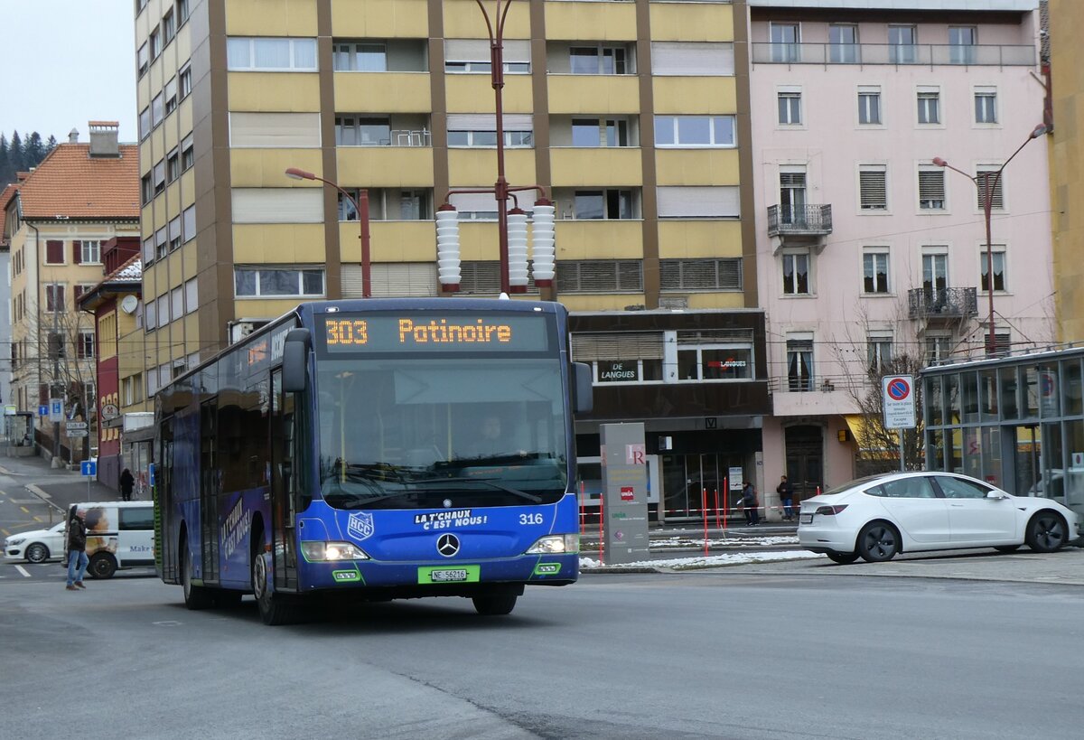 (272'492) - transN, La Chaux-de-Fonds - Nr. 316/NE 56'216 - Mercedes (ex TRN La Chaux-de-Fonds Nr. 316) am 28. Februar 2025 beim Bahnhof La Chaux-de-Fonds