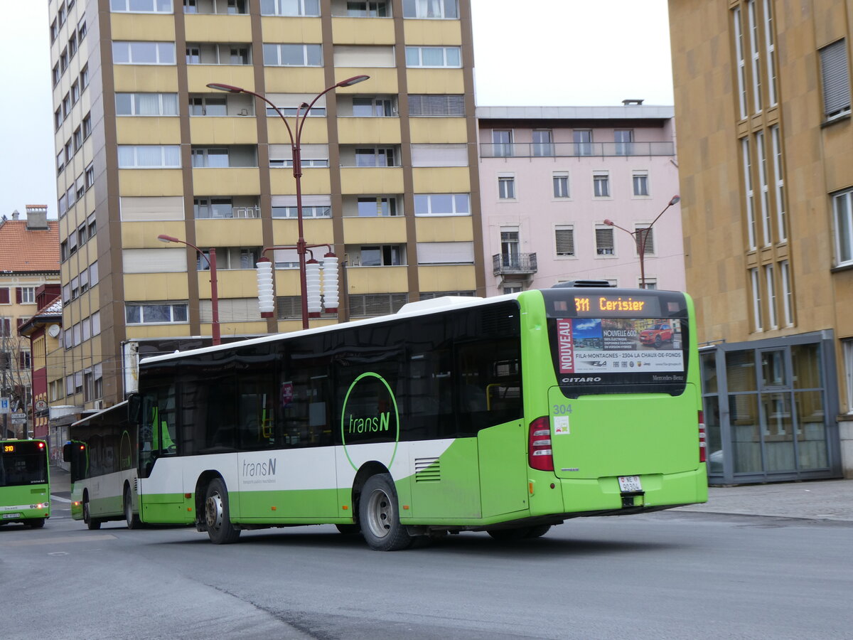 (272'494) - transN, La Chaux-de-Fonds - Nr. 304/NE 90'304 - Mercedes (ex TRN La Chaux-de-Fonds Nr. 304) am 28. Februar 2025 beim Bahnhof La Chaux-de-Fonds