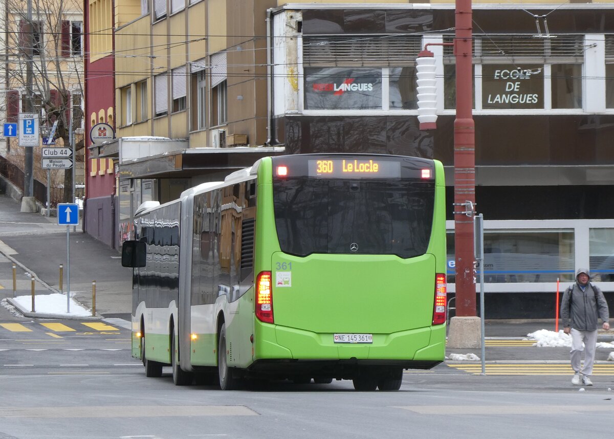 (272'496) - transN, La Chaux-de-Fonds - Nr. 361/NE 145'361 - Mercedes am 28. Februar 2025 beim Bahnhof La Chaux-de-Fonds