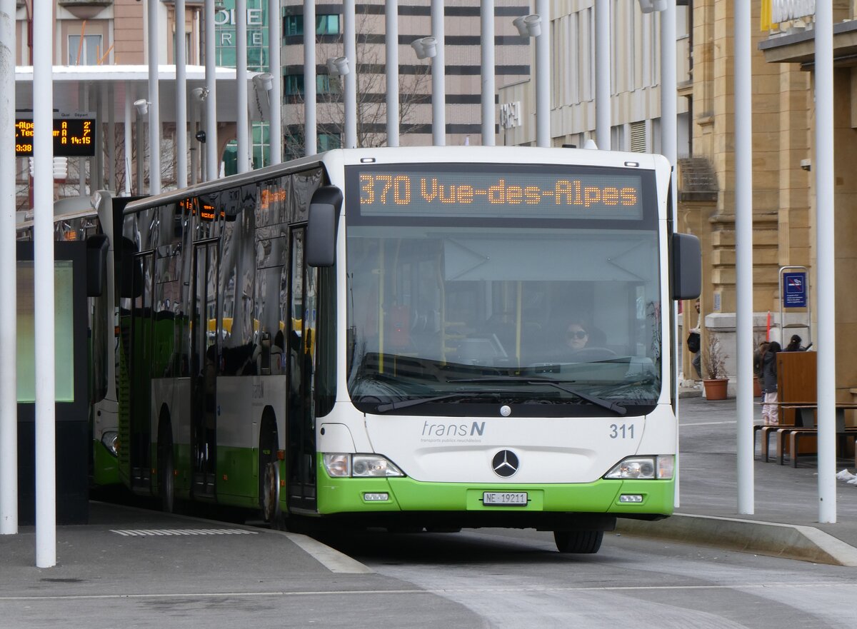 (272'501) - transN, La Chaux-de-Fonds - Nr. 311/NE 19'211 - Mercedes (ex TRN La Chaux-de-Fonds Nr. 311) am 28. Februar 2025 beim Bahnhof La Chaux-de-Fonds