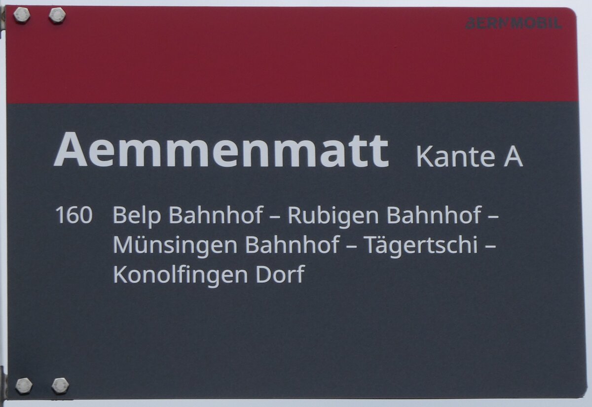 (272'526) - BERNMOBIL-Haltestellenschild - Belp, Aemmenmatt - am 1. Mrz 2025