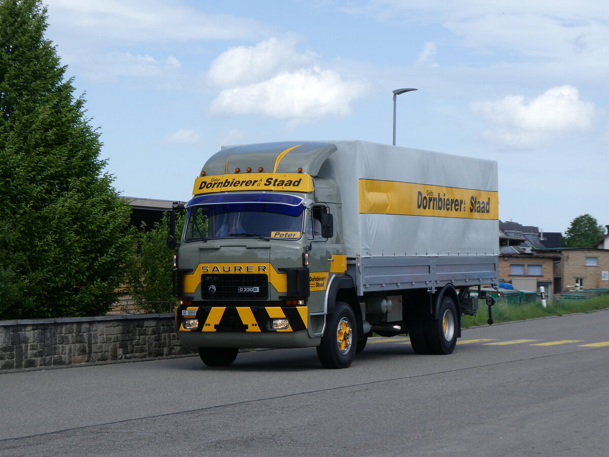 (274'587) - Dornbierer, Staad - SG 16'591 - Saurer am 3. Mai 2025 beim Bahnhof Rickenbach-Attikon