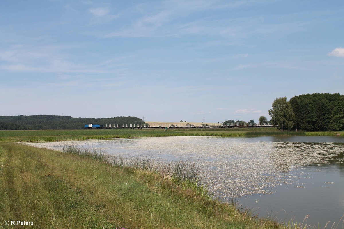 277 005 zieht den leeren Holzzug Wiesau - Cheb bei Oberteich. 21.06.17