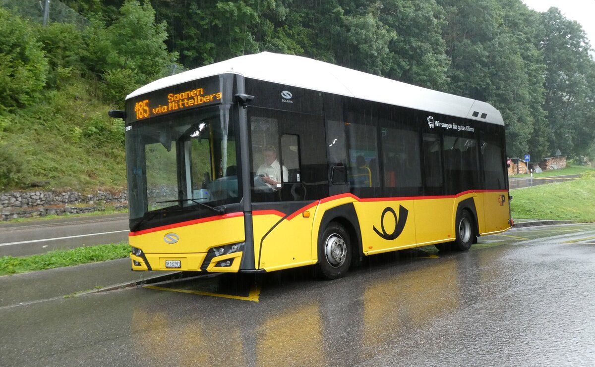 (278'064) - PostAuto Graubnden - GR 162'991/PID 12'081 - eSolaris am 26. Juli 2025 in Jaun, Bergbahnen
