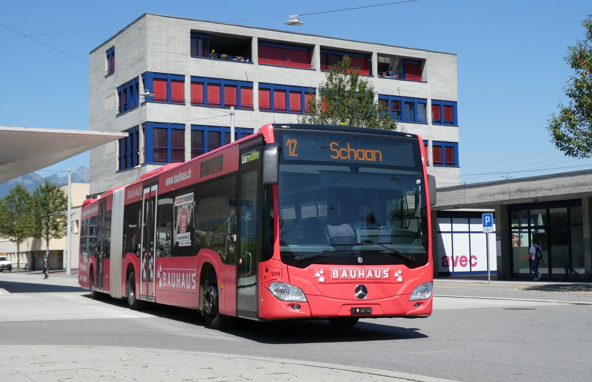 (278'655) - Aus Liechtenstein: BOS PS Anstalt, Vaduz - Nr. 598/FL 40'240 - Mercedes (ex PLA Vaduz Nr. 56/PID 11'222; ex PLA Vaduz Nr. 58) am 8. August 2025 beim Bahnhof Buchs