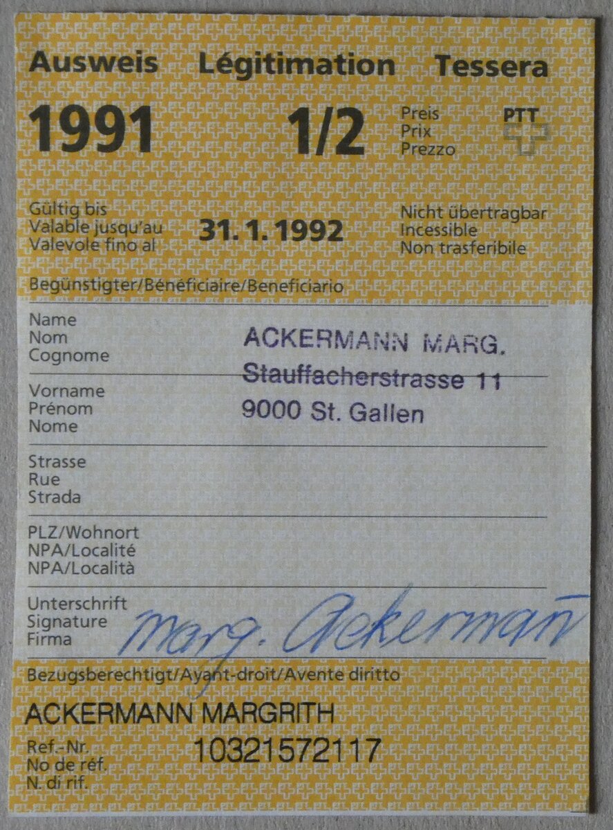 (282'691) - PTT-Ausweis f�r das Jahr 1991 am 2. Dezember 2025 in Thun