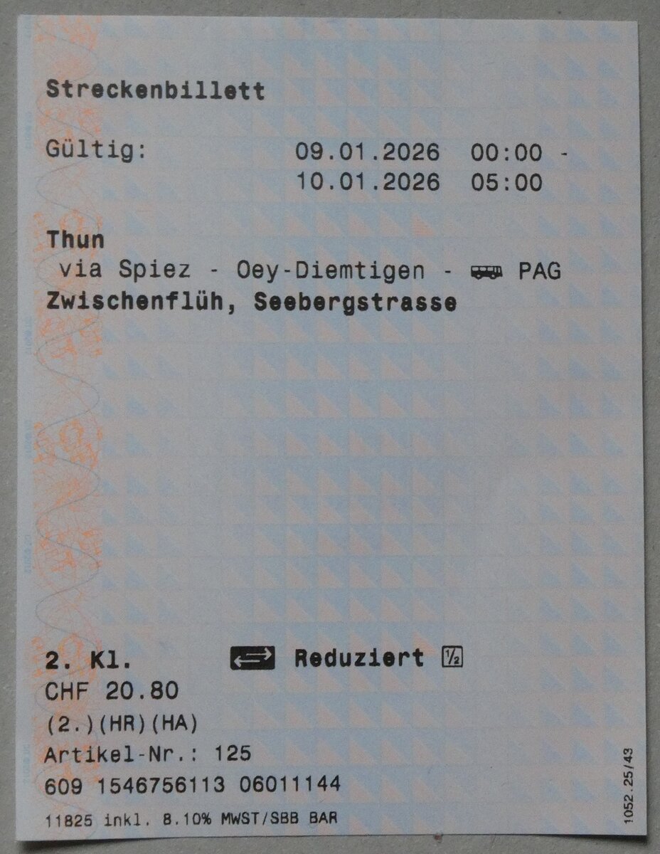 (284'271) - SBB/PAG-Einzelbillet vom 9. Januar 2026 am 18. Januar 2026 in Thun