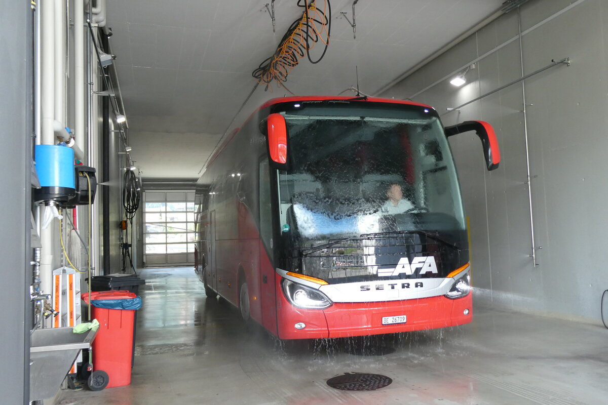 (286'560) - AFA Adelboden - Nr. 23/BE 26'709 - Setra (ex Deutschland) am 1. Mai 2026 in Frutigen, Garage