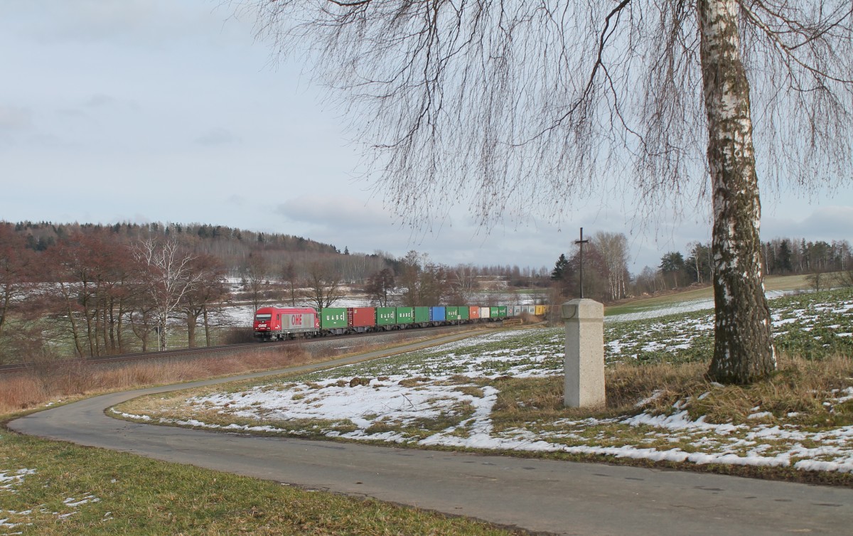 290082 mit dem Wiesau Containerzug nach Hamburg bei Lengenfeld. 04.03.16