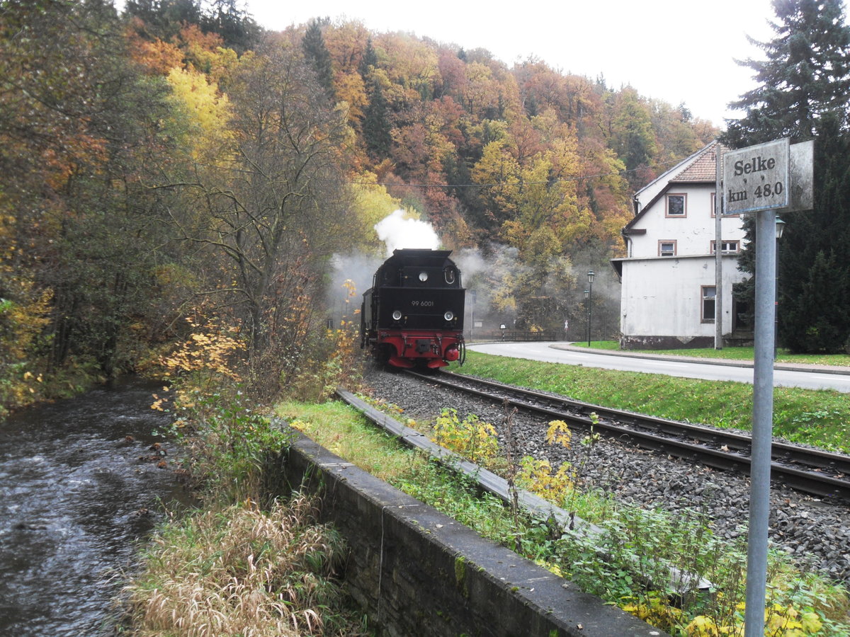 31.10.2016: 99 6001 bei der Ausfahrt aus Alexisbad.